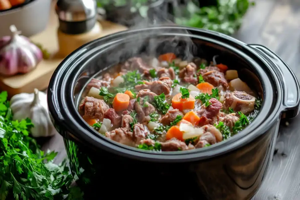 Slow cooker with beef and chicken bones simmering for homemade broth.