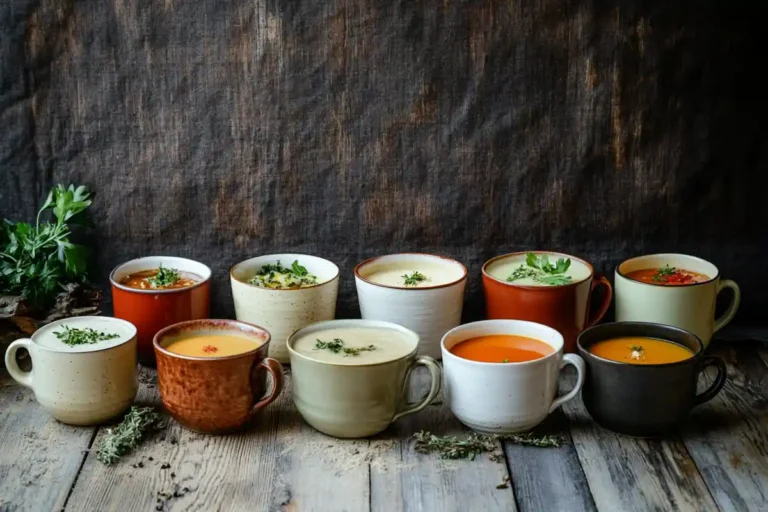 A variety of soup cups and bowls of different sizes, showing what is the average size of a soup cup.