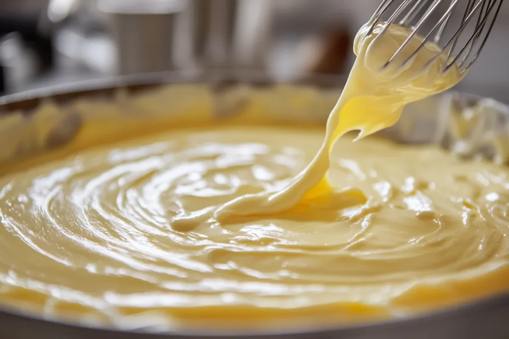 Spreading custard on a cake layer with an offset spatula.