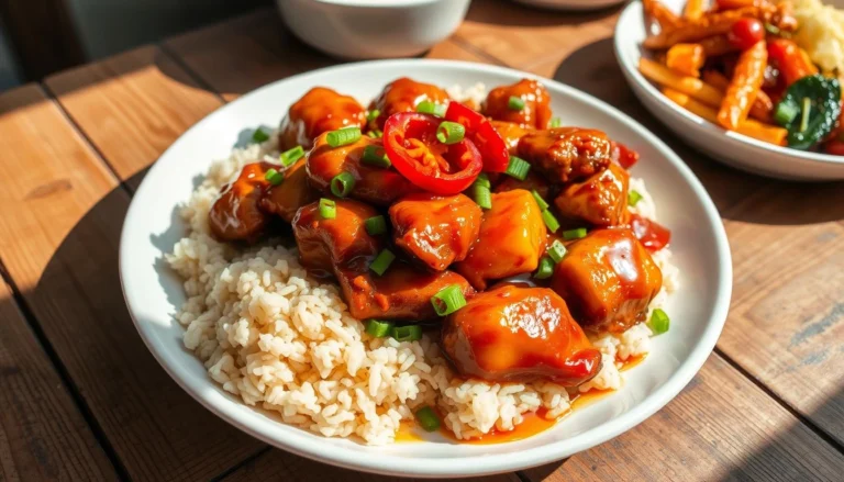 Sweet and spicy honey pepper chicken served over rice.