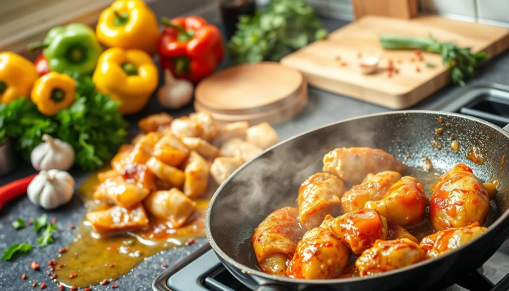 Sweet and spicy honey pepper chicken cooking in a skillet.