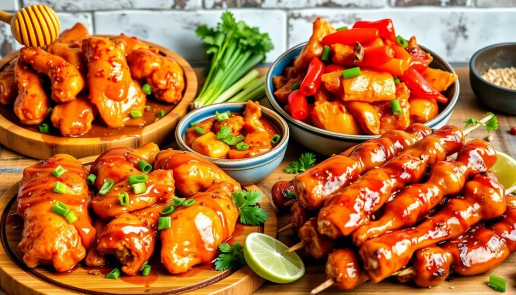 Variety of honey pepper chicken dishes served on wooden platters.