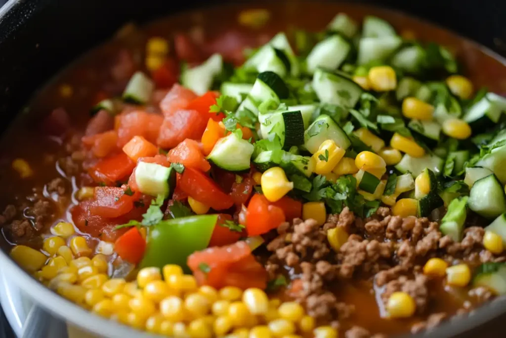 Various vegetables added to taco soup to make it less spicy, keyphrase focus