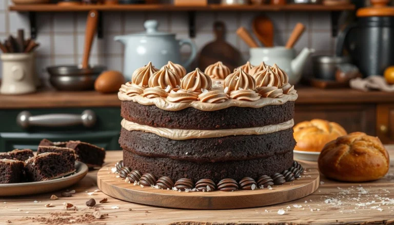 A beautifully layered German chocolate cake on a wooden table in a cozy kitchen.