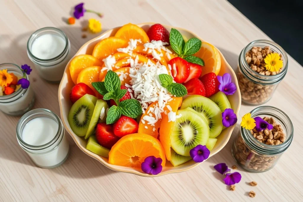 A tropical fruit bowl filled with colorful slices of kiwi, strawberries, orange, and other fruits, topped with shredded coconut and garnished with edible flowers and fresh mint.