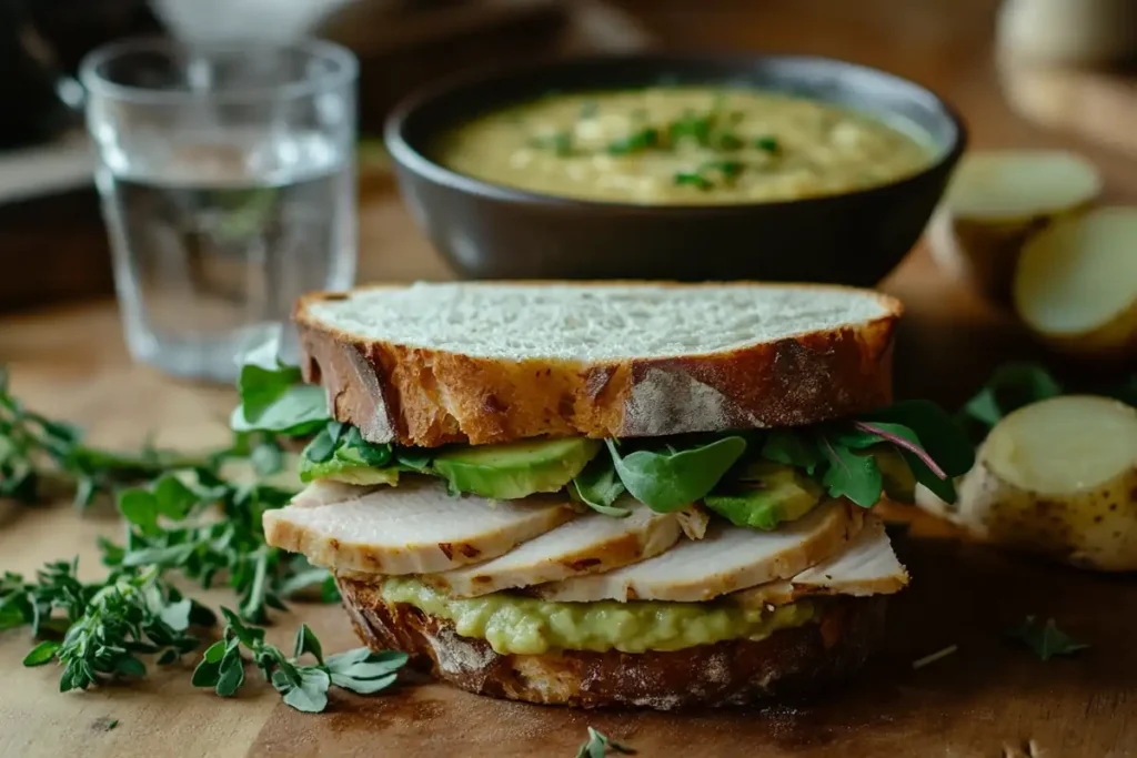 Turkey and avocado sandwich with potato soup.