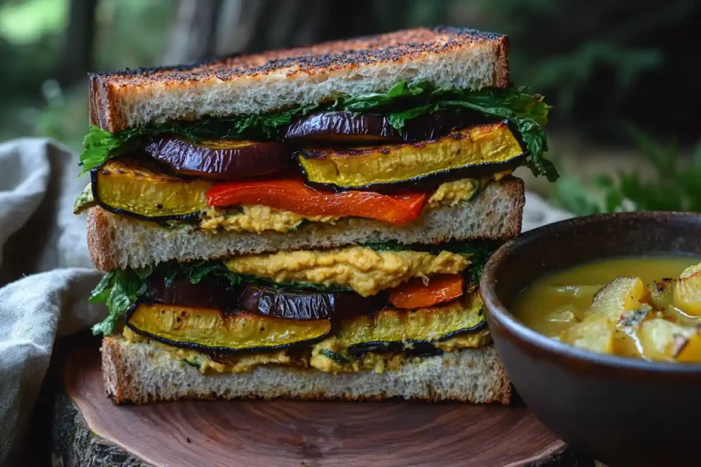 Vegetarian roasted vegetable sandwich with hummus and soup.