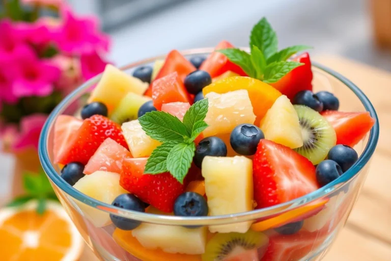 A colorful fruit salad in a glass bowl featuring strawberries, blueberries, pineapple, kiwi, and orange slices, garnished with fresh mint leaves.