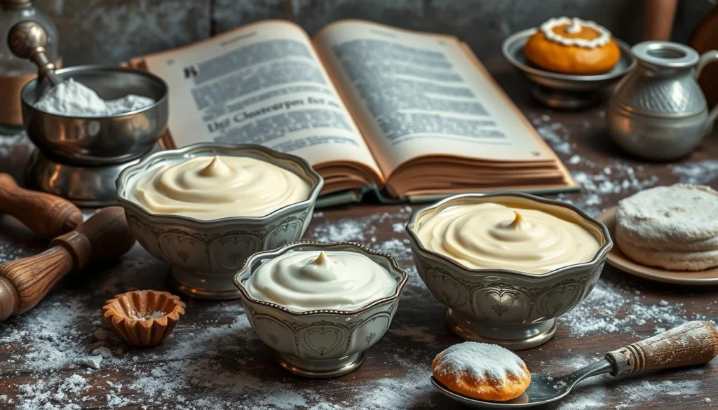 Custard bowls on a rustic table with vintage baking tools