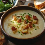 Creamy potato soup with crusty bread and salad.