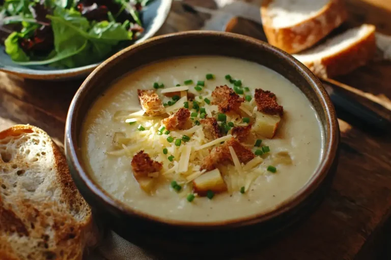 Creamy potato soup with crusty bread and salad.