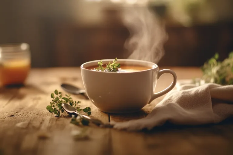 Steaming cup of soup on a wooden table