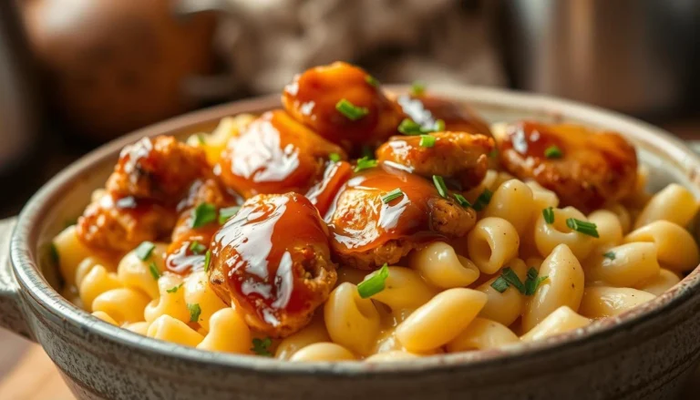 A bowl of honey pepper chicken mac and cheese garnished with fresh herbs, featuring golden macaroni and crispy chicken bites.