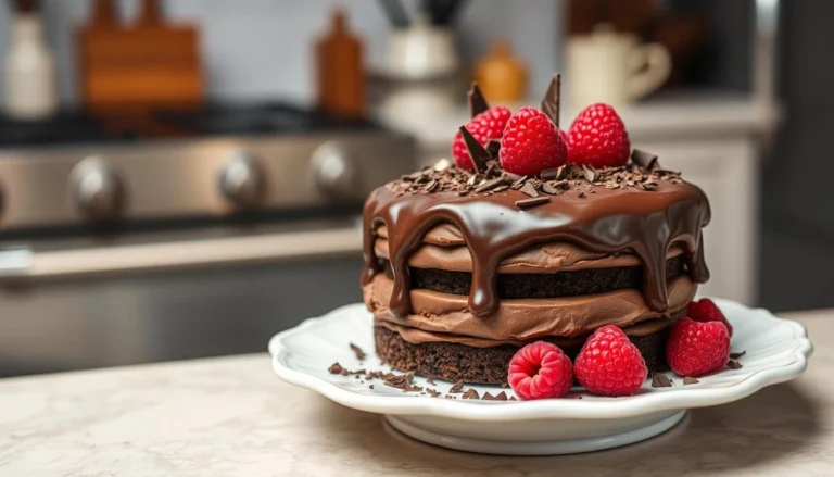 Layered pastel de chocolate topped with rich chocolate ganache, fresh raspberries, and chocolate shavings on a white plate.