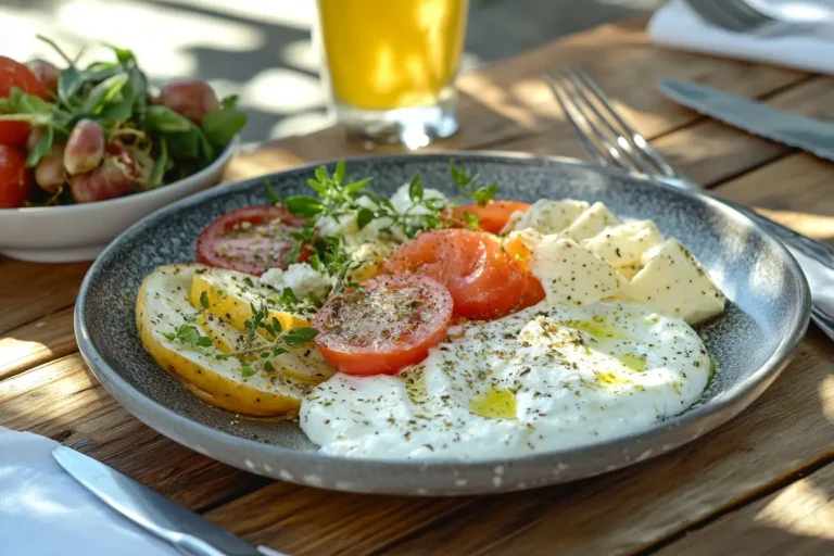 Traditional Greek breakfast spread with yogurt, olives, and feta