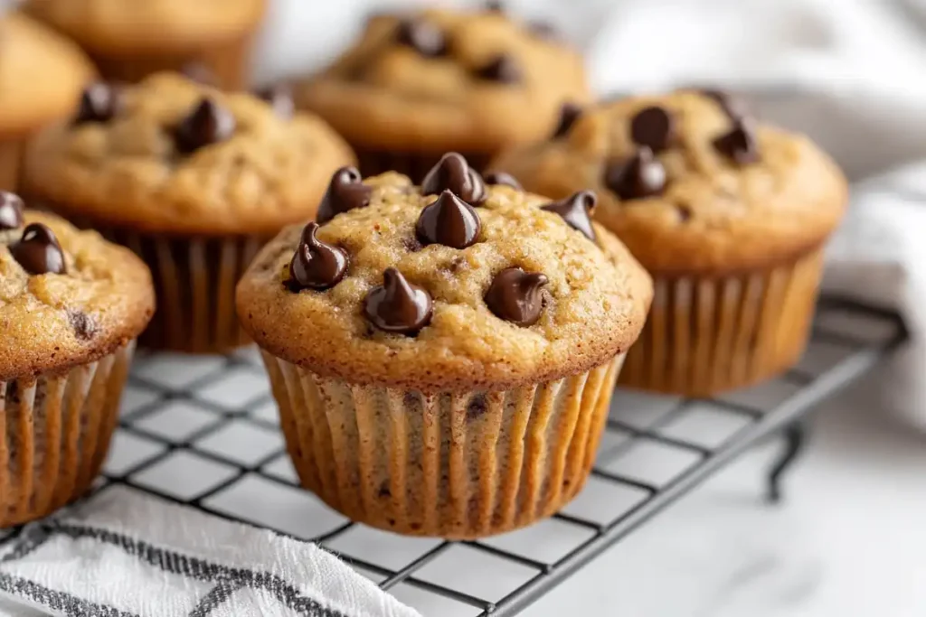 Protein chocolate chip muffins on a cooling rack