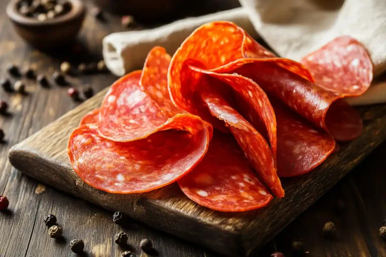 Sliced Beef Pepperoni on a Cutting Board