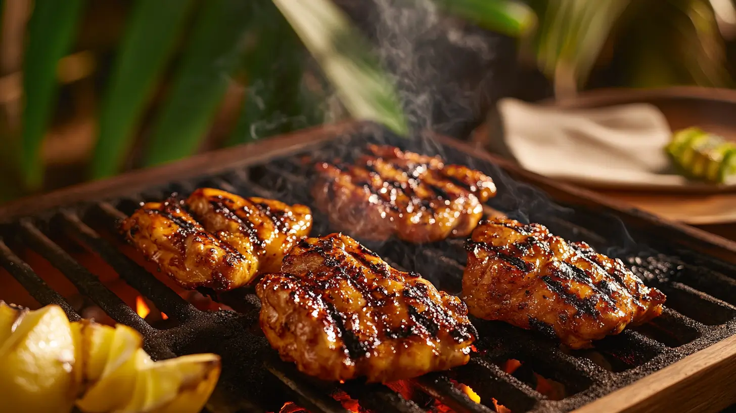 Pulehu Chicken sizzling over charcoal grill