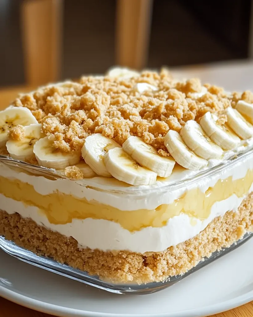 No-bake banana pudding lush with layers of pudding, whipped cream, banana slices, and cookie crumbs.

