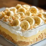 A no-bake banana pudding lush dessert in a glass dish, featuring layers of crushed vanilla wafers, creamy whipped topping, banana pudding, and fresh banana slices topped with cookie crumbles.