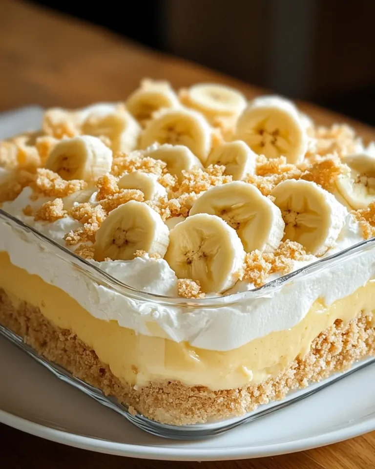 A no-bake banana pudding lush dessert in a glass dish, featuring layers of crushed vanilla wafers, creamy whipped topping, banana pudding, and fresh banana slices topped with cookie crumbles.