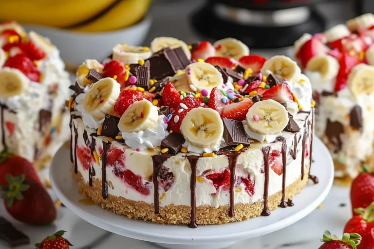 No-bake banana split cheesecake topped with banana slices, strawberries, chocolate chunks, whipped cream, and rainbow sprinkles.