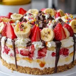 Close-up of Heavenly No-Bake Banana Split Cheesecake layered with whipped cream, fresh strawberries, banana slices, and caramel and chocolate drizzle.