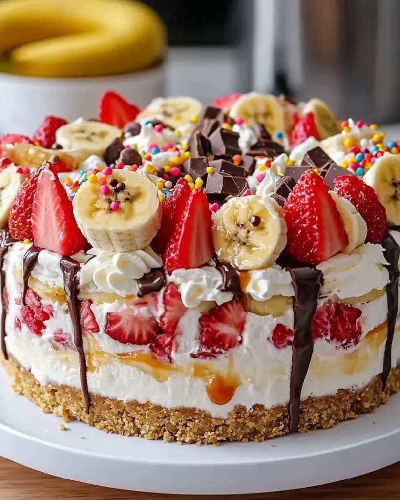 Close-up of Heavenly No-Bake Banana Split Cheesecake layered with whipped cream, fresh strawberries, banana slices, and caramel and chocolate drizzle.