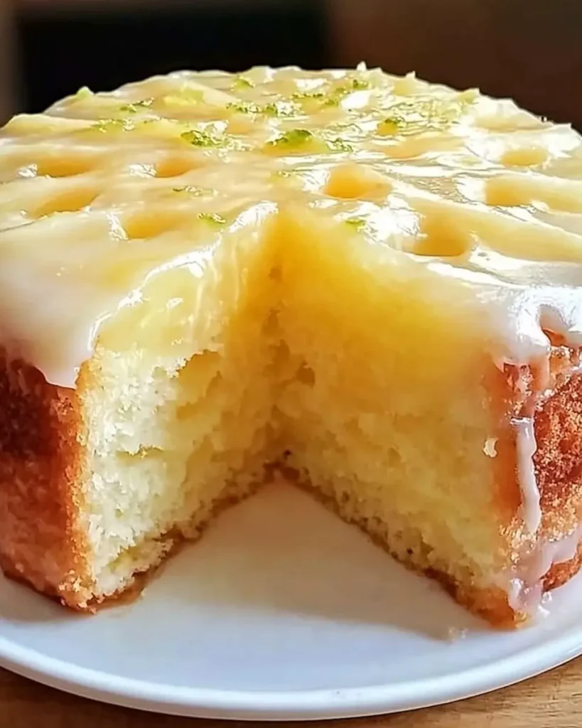 Pineapple juice cake topped with lime glaze and garnished with zest