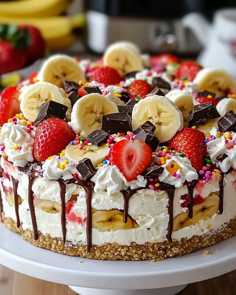 Whole banana split cheesecake topped with banana slices, strawberries, whipped cream, chocolate drizzle, and sprinkles on a white cake stand.